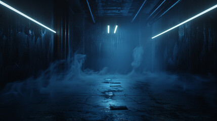 Dark street, asphalt abstract blue background with smoke float up