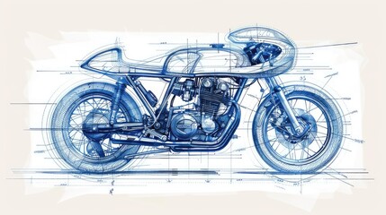 Intricate Design and Engineering: Detailed Blueprint Drawing of a Classic Motorcycle