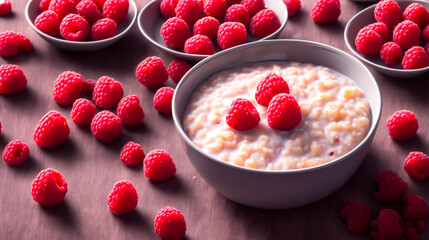 Healthy breakfast porridge with raspberries