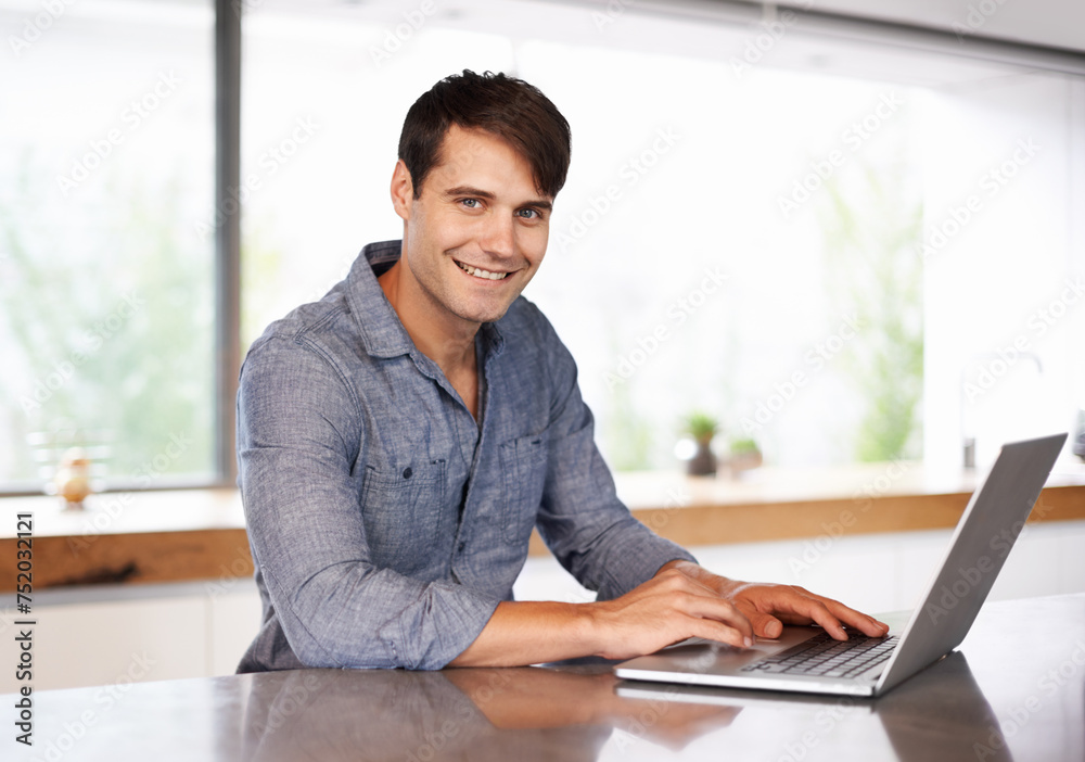 Poster portrait, remote work or man on laptop for research, article post edit or networking on internet in 