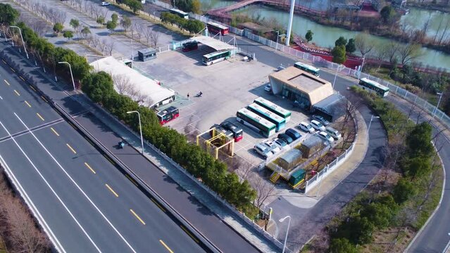 Aerial view of electric vehicle charging station, electric bus station, clean energy, save environment 