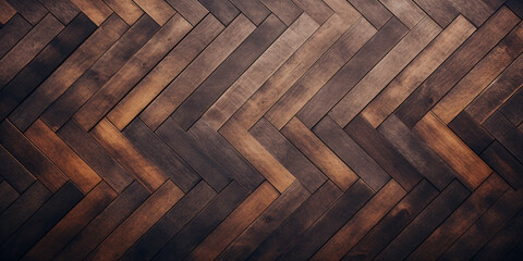 Old dark wooden herringbone plank floor pattern