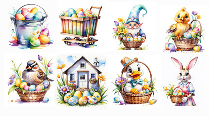 Obraz premium Set of Easter elements. Easter basket,eggs,bunny, sheep,flowers,chicken,gnome,car.Generative AI