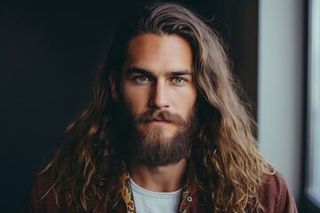 Portrait of a handsome young man with long curly hair and beard