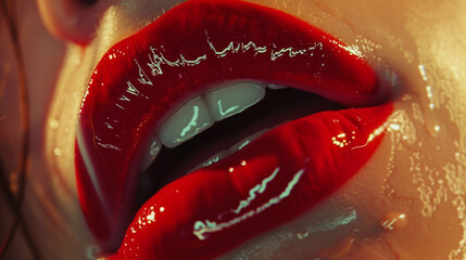 Female beautiful lips close up. Beautiful perfect makeup. Red lips gloss. Cosmetic