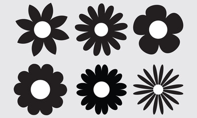 set of black daisies from geometric figures, collection of abstract silhouettes of flowers flowers icons isolated on white