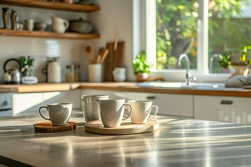 Fototapeta na wymiar modern kitchen background. Kitchen island countertop with coffee set, kitchen interior.