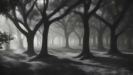 Background landscape of a forest full of trees with black and white theme. Spooky jungle full of...