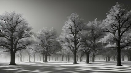 Background landscape of a forest full of trees with black and white theme. Spooky jungle full of colorless trees