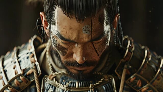 A samurai prepares for battle donning his armor and tying his hair into a top knot with precision.