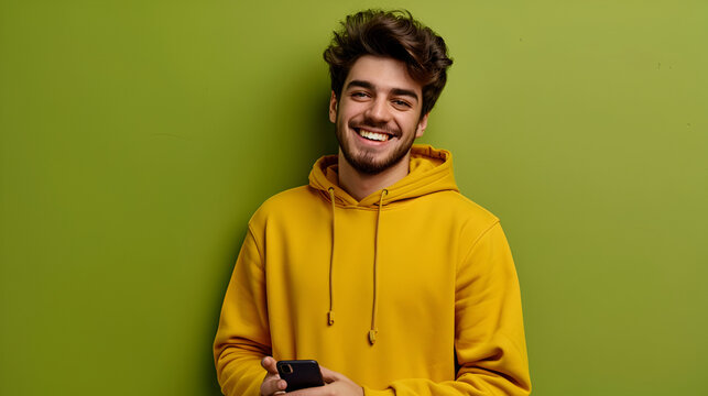 A handsome young guy in a yellow hoodie with a smartphone in his hands on the green background