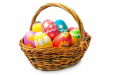 Fototapeta na wymiar a wicker basket with colorful Easter eggs, decorative Easter motif, white background