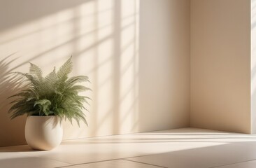 Fototapeta na wymiar Minimalistic abstract light beige background for product presentation with window shade and potted vegetation