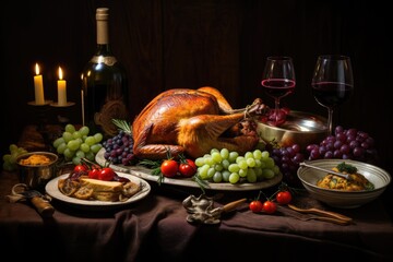 Traditional dinner with roasted turkey, Baked turkey with lemon and vegetables, cooked pheasant with a golden fried crust, Ai generated