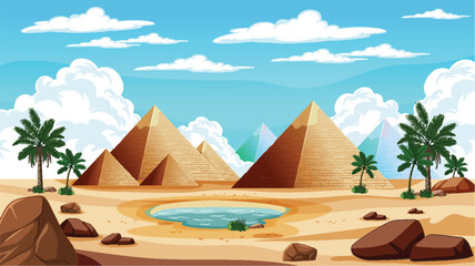 Cartoon illustration of pyramids beside a desert oasis. - obrazy, fototapety, plakaty