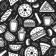 black and white monochrome pattern of different graffiti style fast foods