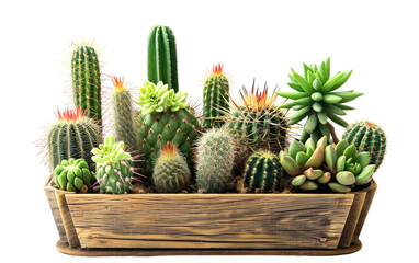Creative Display: Wooden Basket Housing Arranged Cactus Plants isolated on transparent Background