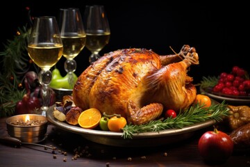 Traditional dinner with roasted turkey , Baked turkey with lemon and vegetables, Ai generated