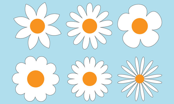 Camomile set. White daisy chamomile icon. Cute round flower plant collection. Love card symbol. Growing concept. Flat design. Green background. Isolated.