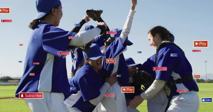 Animation of icons and data processing over diverse female baseball players - Powered by Adobe