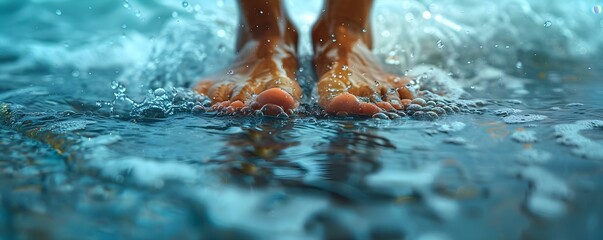 Jesus feet stand on waters surface in this closeup image. Concept Religious Art, Symbolism, Spirituality, Close-up Photography - obrazy, fototapety, plakaty