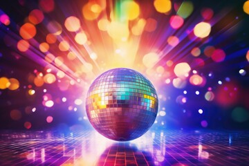 Disco ball with colored lights. club party, Abstract disco ball with colorful flares, beams and lights, Ai generated