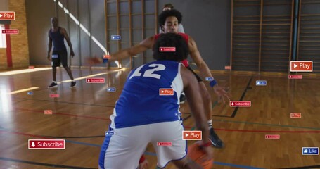 Animation of icons and data processing over diverse male basketball players - Powered by Adobe