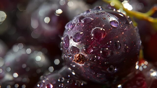 A closeup of a blackcurrant its shiny deep purple skin hiding a burst of tangy sweet flavor within.