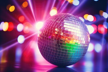Obraz premium Disco ball with colored lights. club party, Abstract disco ball with colorful flares, beams and lights, Ai generated