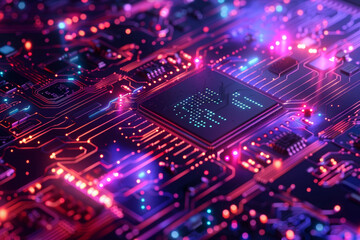 Obraz premium Develop an abstract background symbolizing the synergy between processor chips, blockchain technology, and the tech environment.