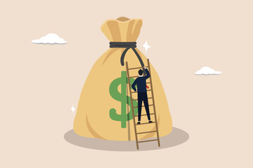 Investment growth, wealth management, passive income or harvest profit or dividend, earning money or prosperity concept, businessman climbs a large collection of money using a ladder.