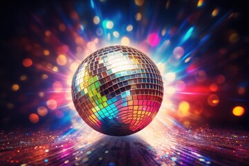 Obraz premium Disco ball with colored lights. club party, disco ball with lights, disco ball and lights, disco ball on abstract colored background, Ai generated