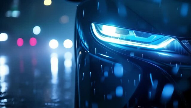 Front view of a hybrid cars headlights highlighting the ecofriendly feature of a rain sensor that automatically adjusts the intensity of the lights based on weather conditions.