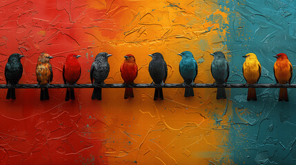 Colorful Birds on a Wire Against Abstract Background