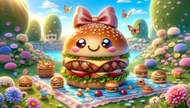 Burger with cute face on special board, cartoonish pastel world around. Happy burger surrounded by giggling drinks and sides under soft, sunny skies.
