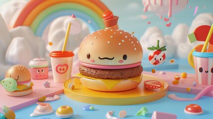 Burger with cute face on special board, cartoonish pastel world around. Happy burger surrounded by giggling drinks and sides under soft, sunny skies.