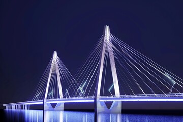 Cable-stayed bridge with illuminated towers at night, on isolated white background, Generative AI