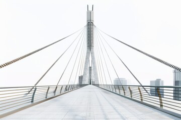 Cable-stayed pedestrian bridge with panoramic city views, on isolated white background, Generative AI