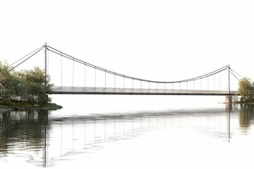 Modern suspension bridge spanning across a river, on isolated white background, Generative AI