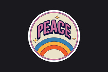 Retro stickers of the word Peace with a rainbow in a circle
