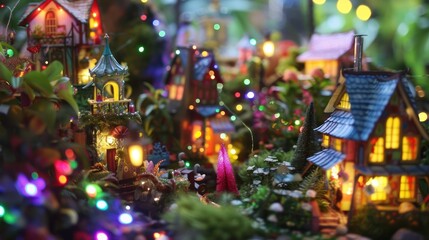 Miniature Holiday Village Display with Intricate Details and Festive Lights - obrazy, fototapety, plakaty