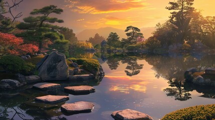 Tranquil Japanese Garden at Sunset with Stepping Stones and Reflective Pond