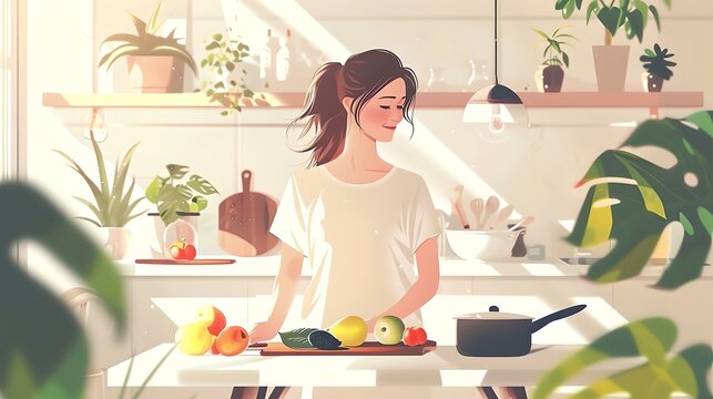 Serene home cooking scene, a woman preparing a healthy meal. casual contemporary kitchen setting. simplistic artistic style. visual comfort and harmony. AI