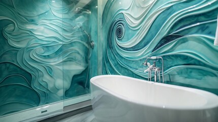Tranquil waves in cool blues transforming a bathroom wall into a calming oasis