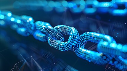 A focus on materials and modern design with a chain of links and blue data set against a white background showcasing the strength and stability of blockchain-based solutions for financial services 