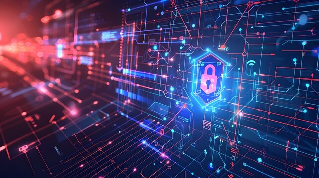 A conceptual illustration of technology and security featuring a padlock on a digital glitchy background in shades of light navy crimson and dark blue and innovative representing network security prot