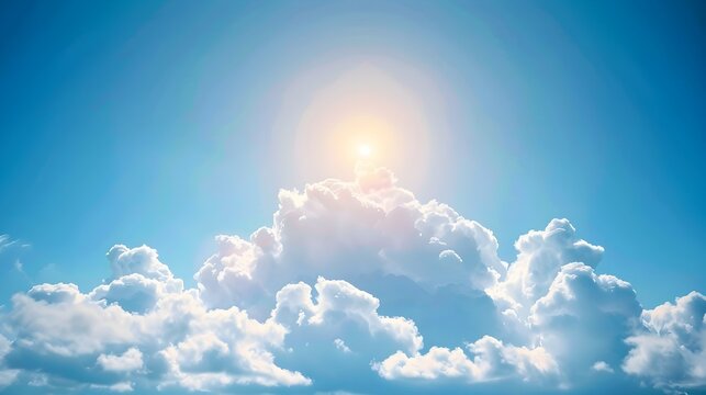 A realistic and detailed of a bright sun shining in a clear blue sky with fluffy clouds in the background evoking feelings of tranquility and peace