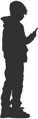 black silhouette of a guy or teenager with a phone without background