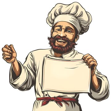 A man wearing a chefs costume is holding a white sheet in the style of a vintage poster design He is depicted in a vibrant caricature style adding a playful touch to the illustration