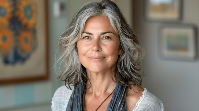 Confident Mature Woman With Gray Hair Smiling At Home